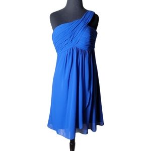 Bill Levkoff blue chiffon one shoulder pkeated bridesmaids dress size 14
